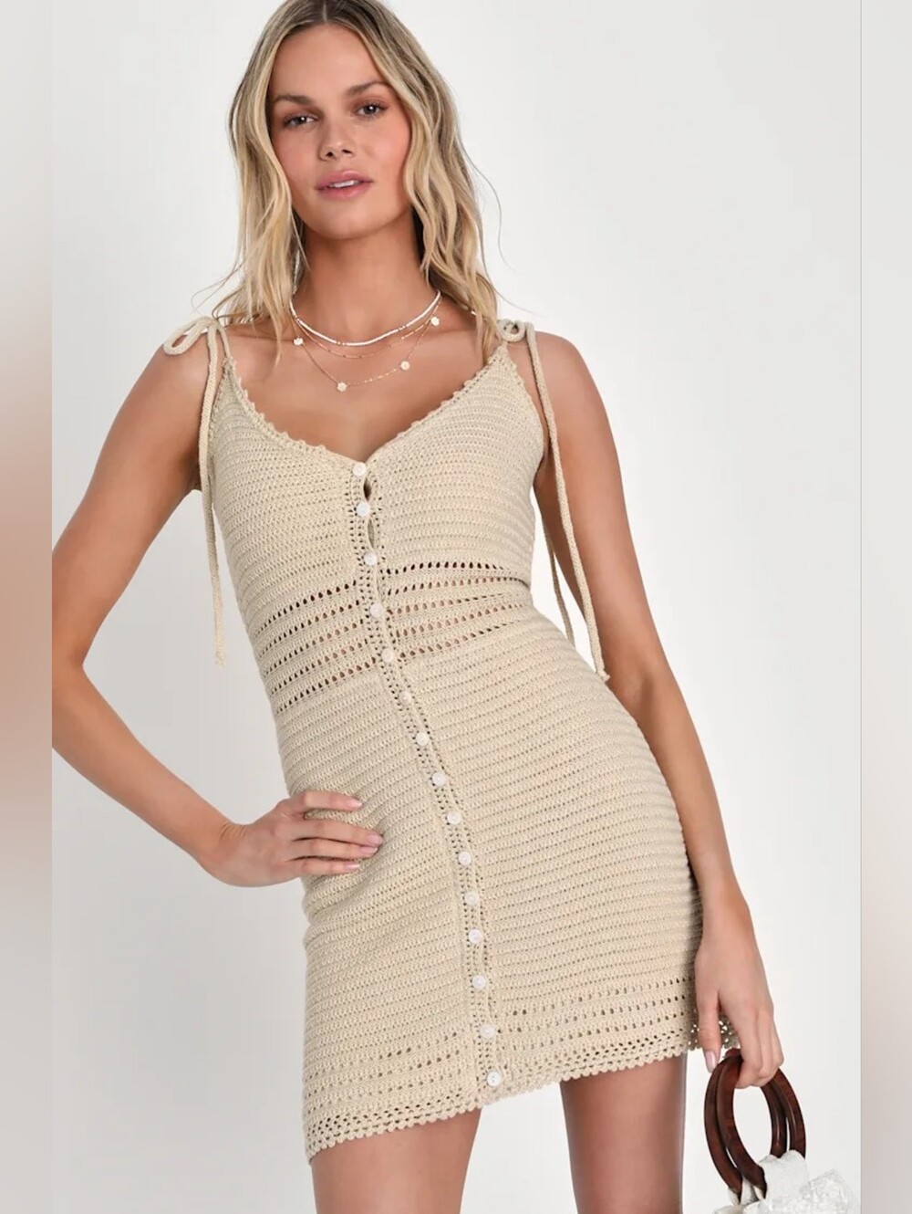Olive + Oak Beige Crochet Mini Dress Tie Shoulders Shell Buttons Size M
